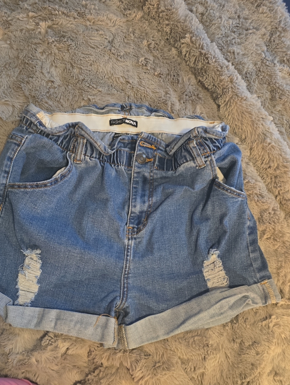 Fashion Nova Light Blue Distressed Paperbag Denim Shorts